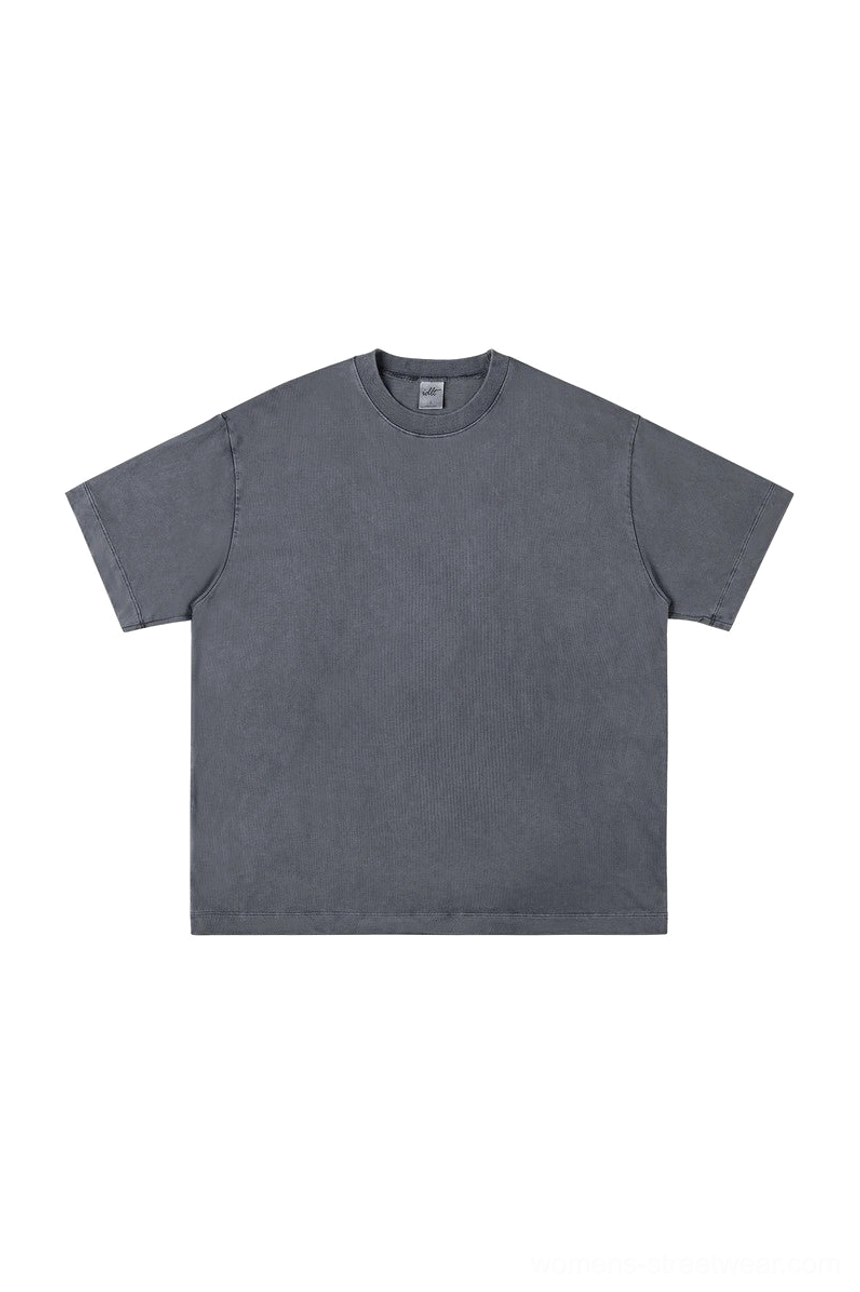 Dark gray washed oversized plain crewneck cotton T-shirt with loose boxy Korean streetwear silhouette