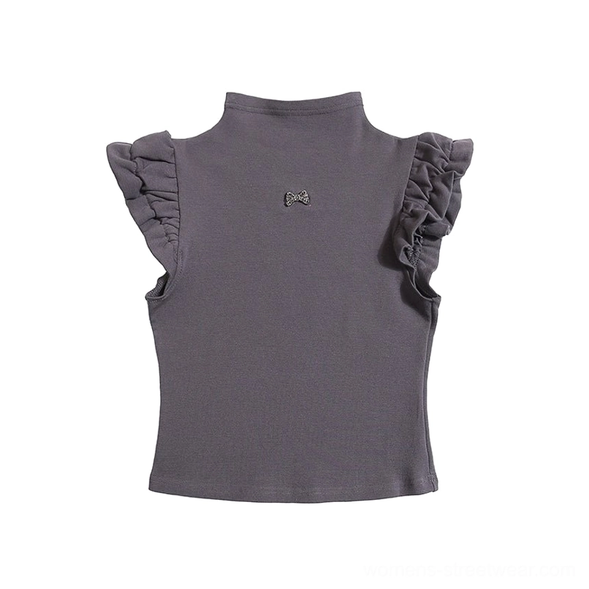 Dark gray Y2K mock neck ruffle sleeve cropped tank top with small bow pin front flat lay view