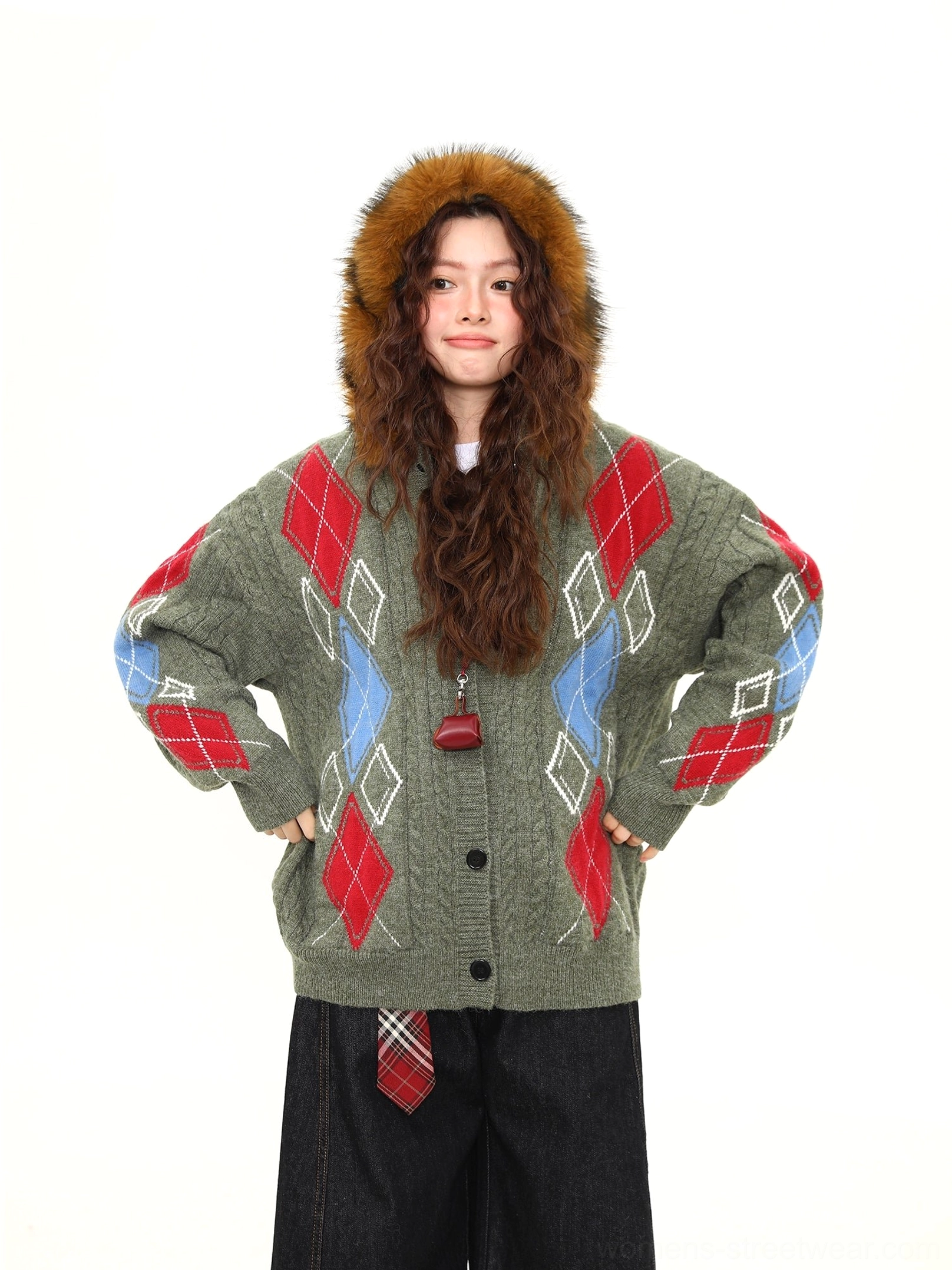 Dark green oversized faux fur hood argyle cardigan with cable knit button placket and red blue diamond pattern