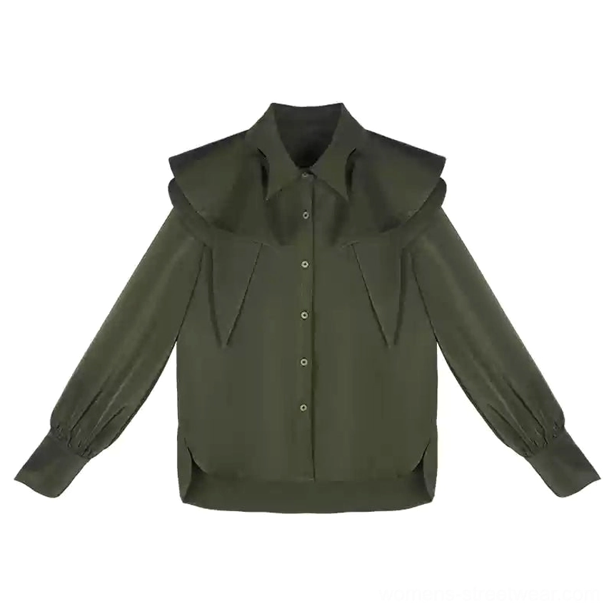 Dark green fox charm ruffle blouse color option with layered collar and button front