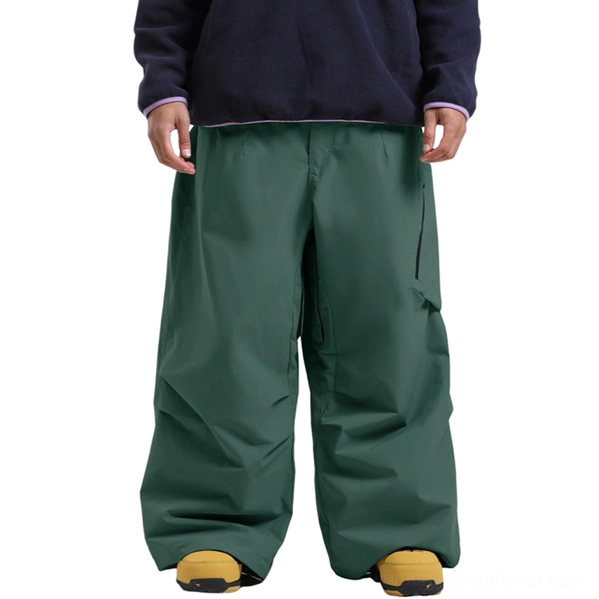 Dark green wide-leg cargo snow pants oversized silhouette moody colorway streetwear style complete look