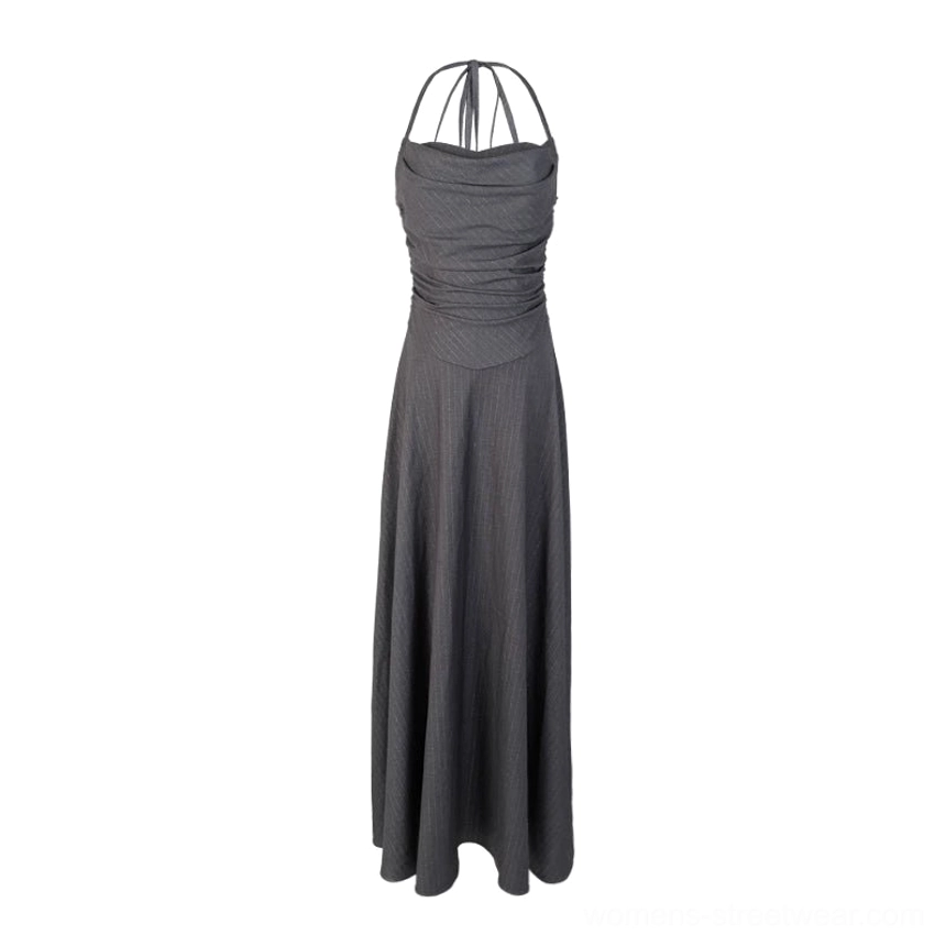 Dark grey halter cowl neck floor length formal dress flat lay with double halter straps ruched waist and straight skirt