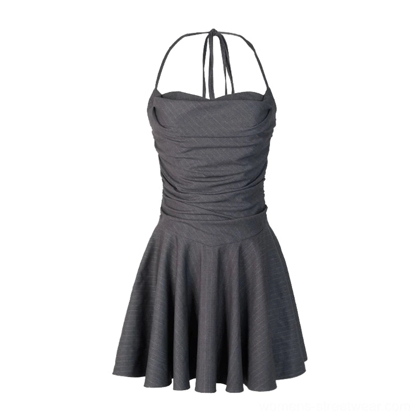 Dark grey halter cowl neck mini party dress flat lay with tie straps ruched bodice and flared ruffled skirt