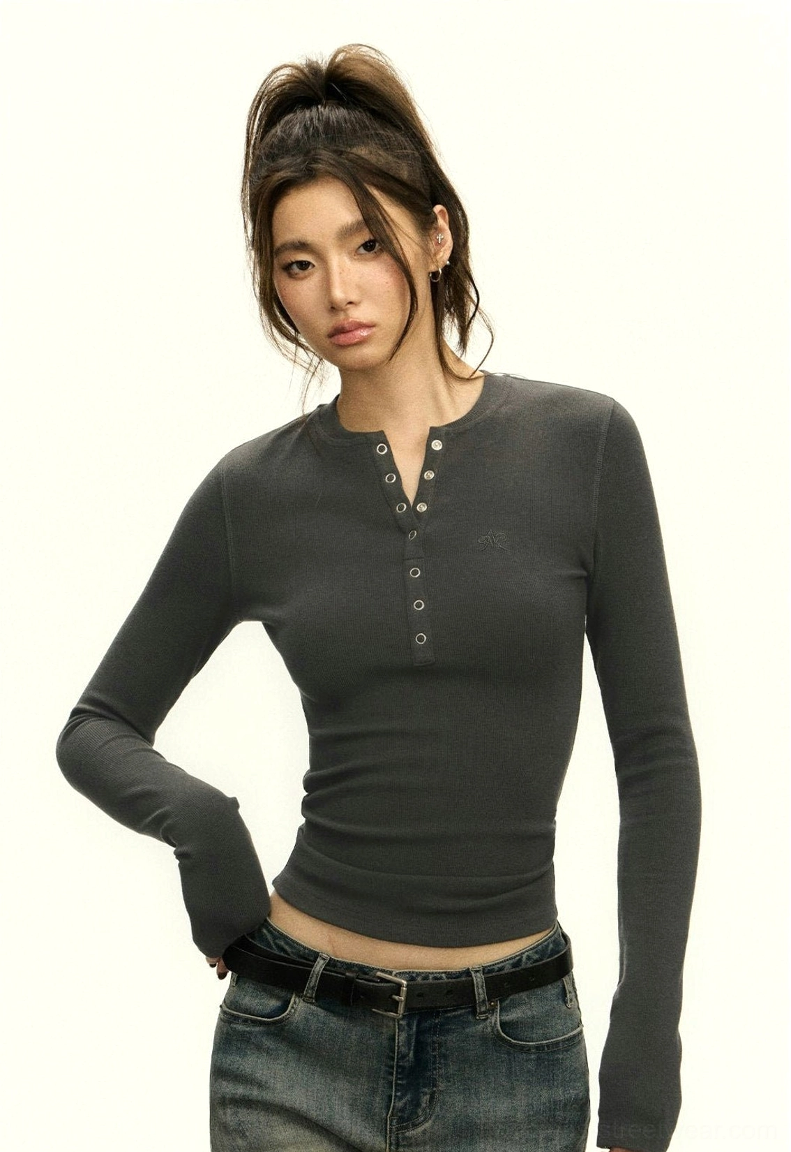 Dark grey ribbed Henley long-sleeve crop top with slim fit and contemporary women's streetwear design
