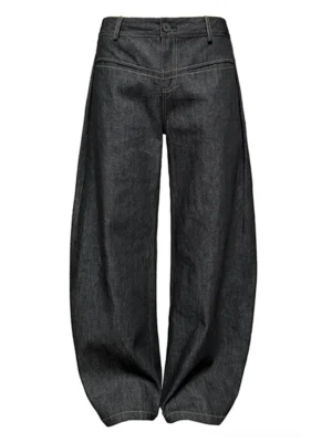 Flat lay front view of dark indigo raw denim jeans with yellow contrast stitching waistband belt loops and button fly
