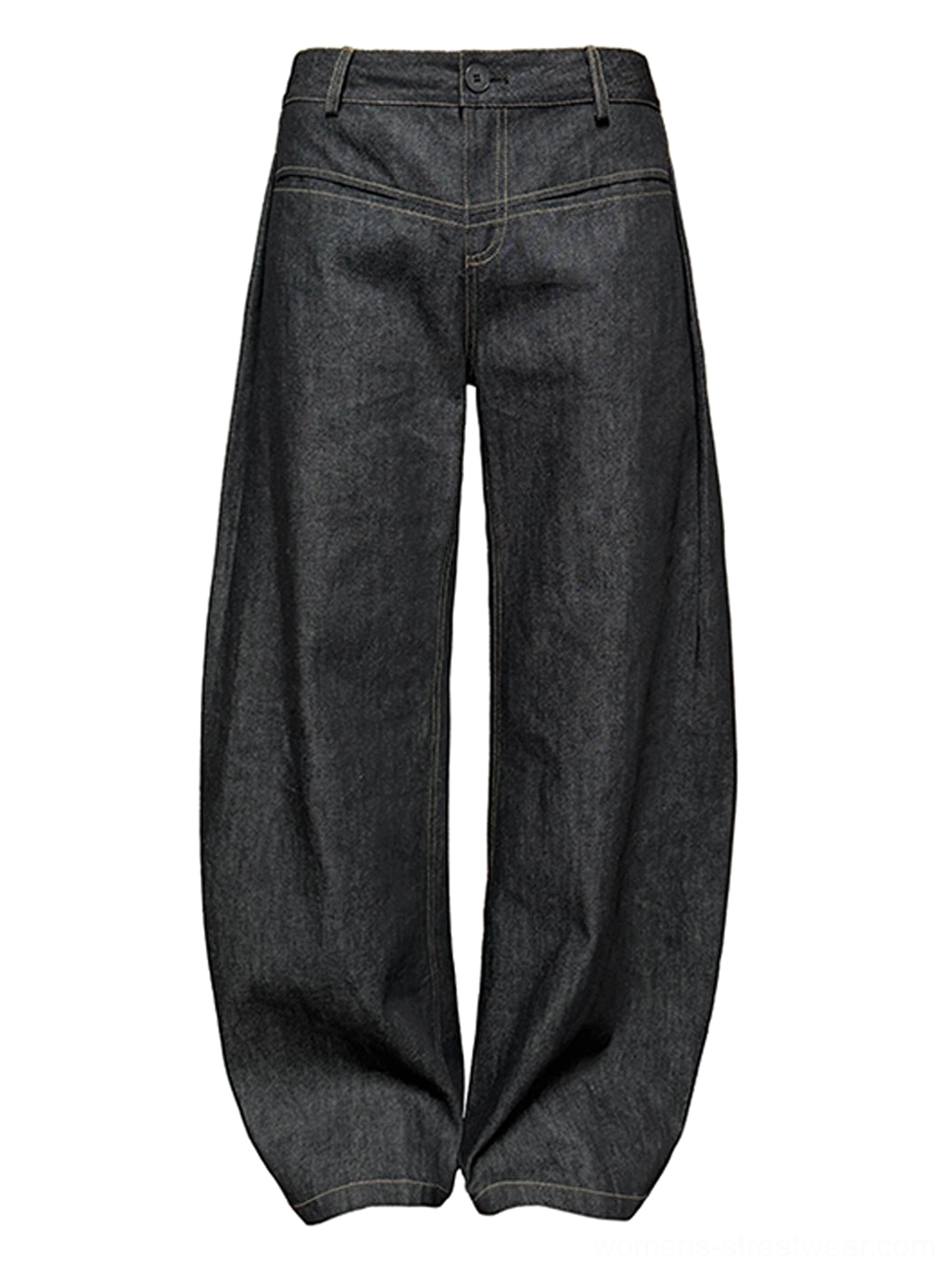 Flat lay front view of dark indigo raw denim jeans with yellow contrast stitching waistband belt loops and button fly