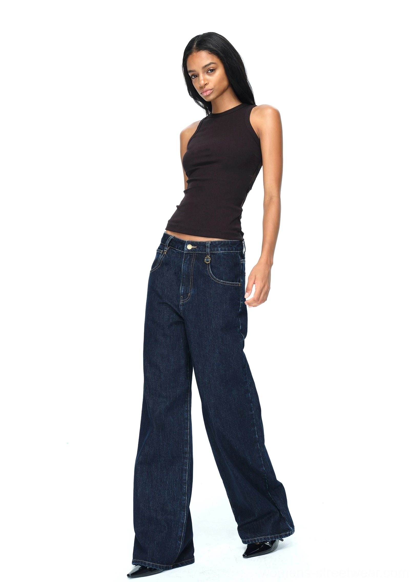Dark indigo wide-leg jeans featuring structured non-stretch raw denim and contemporary Korean streetwear styling