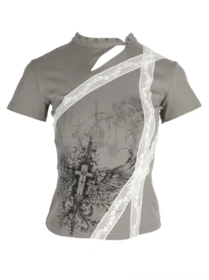 Dark khaki cross wing cheongsam collar slim fit graphic tee flat lay showing lace trim and front cutout