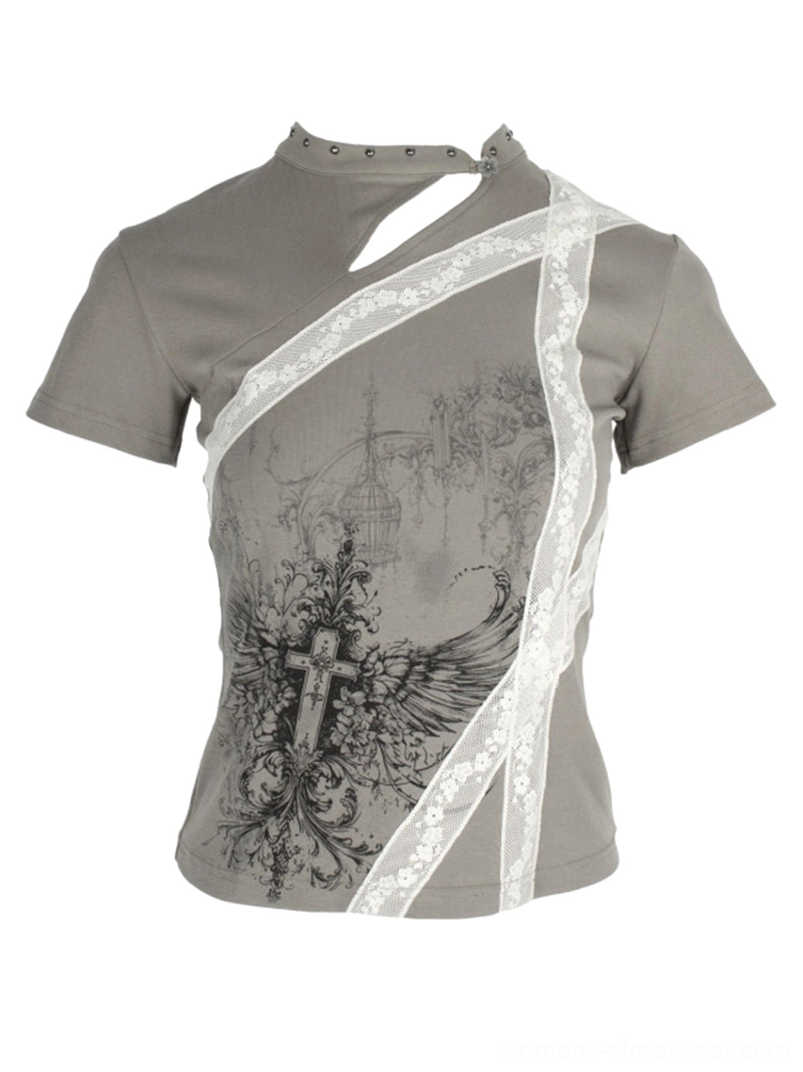 Dark khaki cross wing cheongsam collar slim fit graphic tee flat lay showing lace trim and front cutout