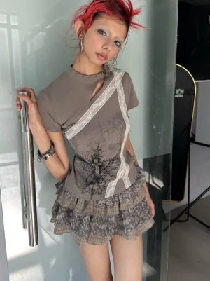 Dark khaki cross wing cheongsam collar slim fit tee worn in a front three-quarter studio view