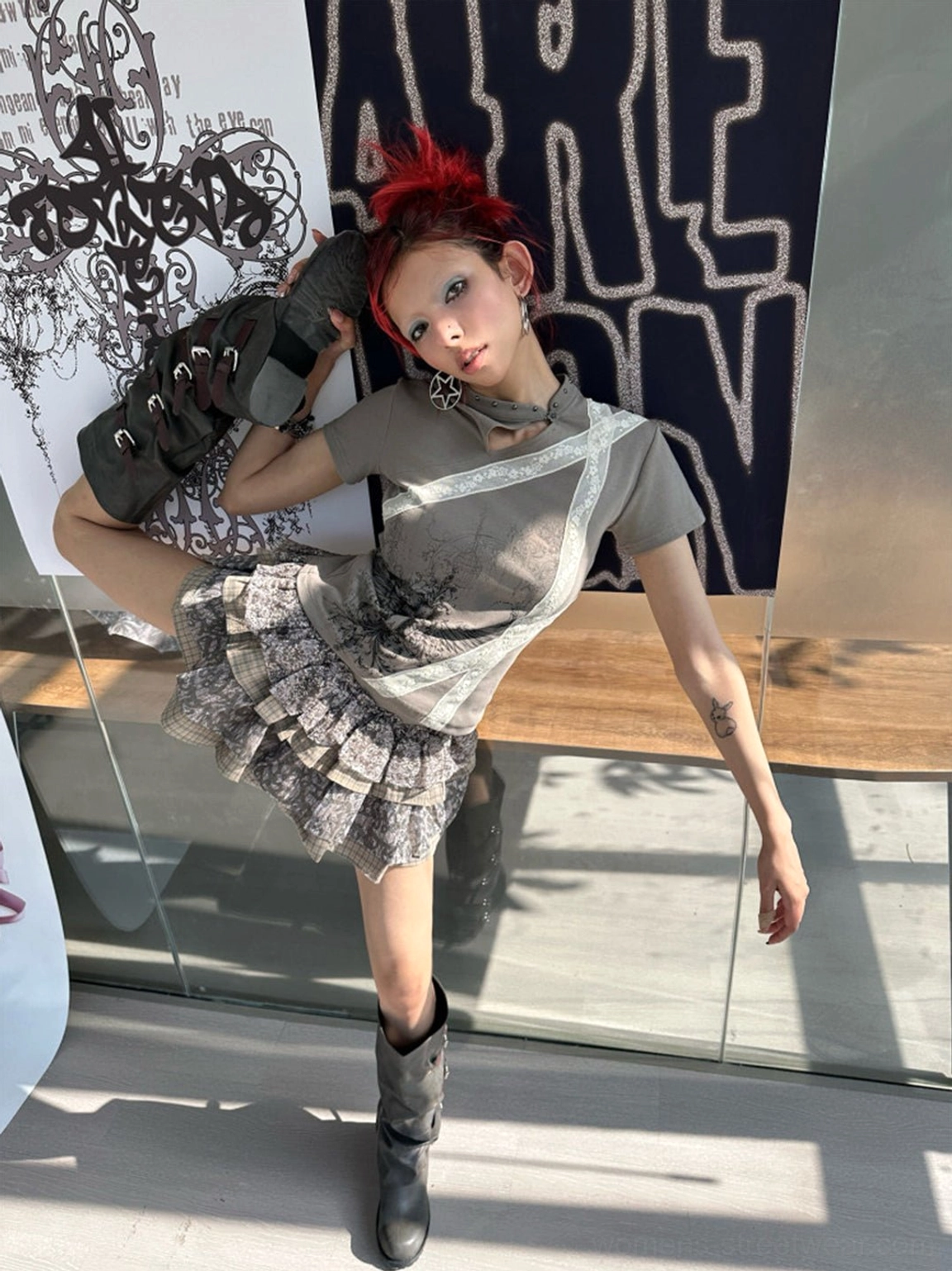 Y2K goth cross wing cheongsam collar slim tee styled with plaid ruffle skirt and black boots