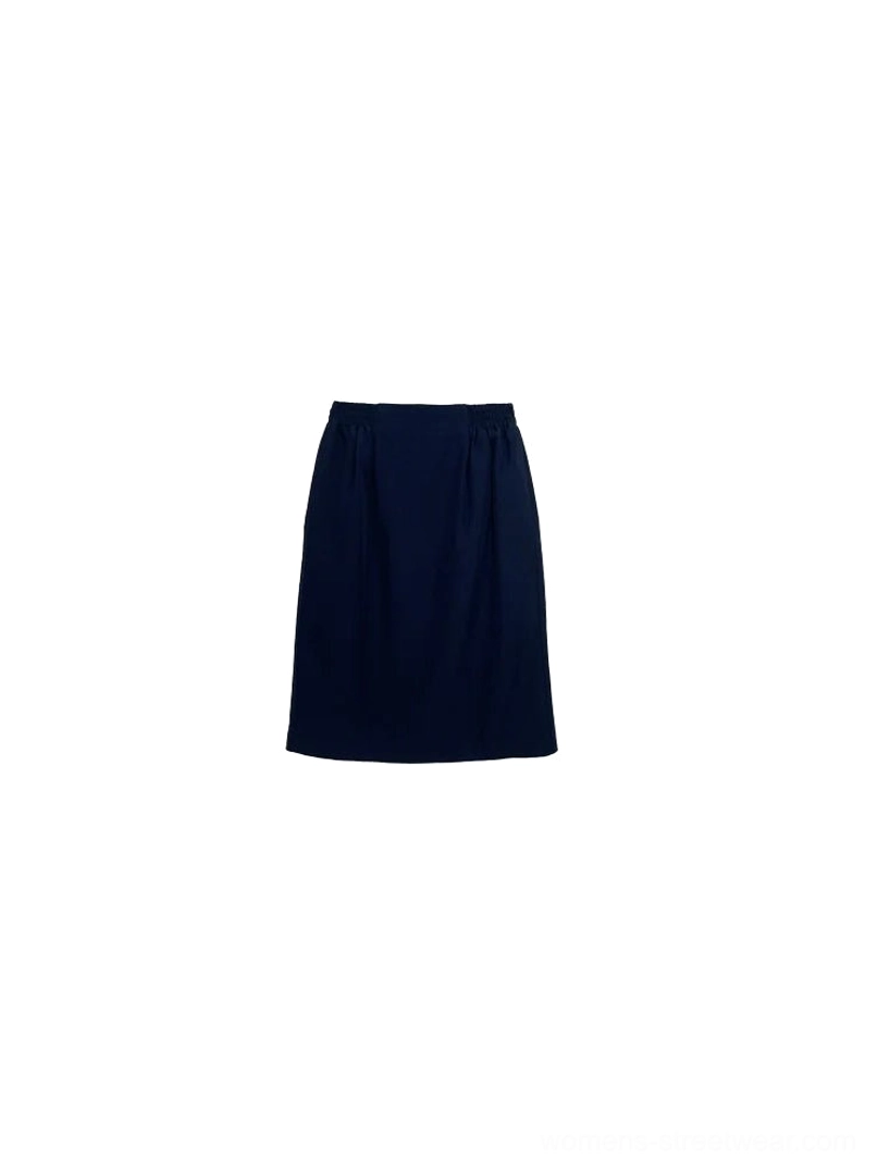 Flat lay view of dark navy knee-length pencil skirt with gathered elastic waistband and smooth matte fabric