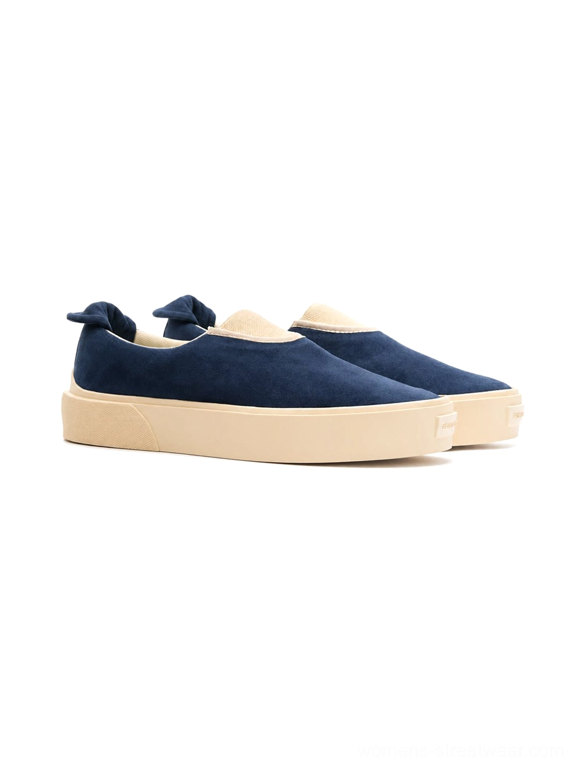 Dark night blue minimalist slip-on casual skate shoes with dark navy upper and beige thick rubber sole