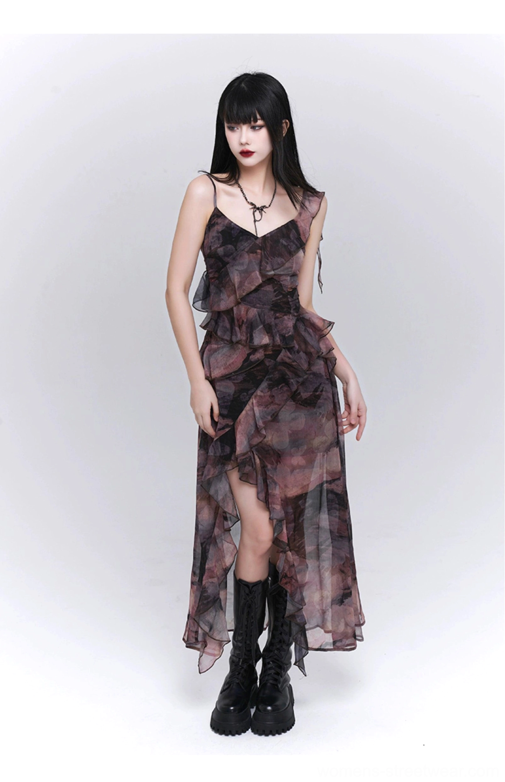 Dark pink floral asymmetrical maxi dress with sheer chiffon layers, high side slit, layered ruffle skirt, and muted retro print