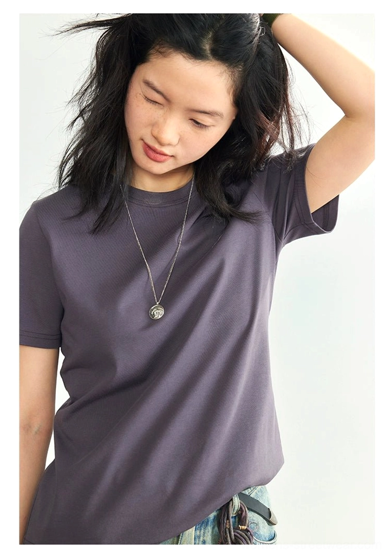 Dark purple minimalist embroidered logo crew neck t-shirt embroidered detail longevity durability