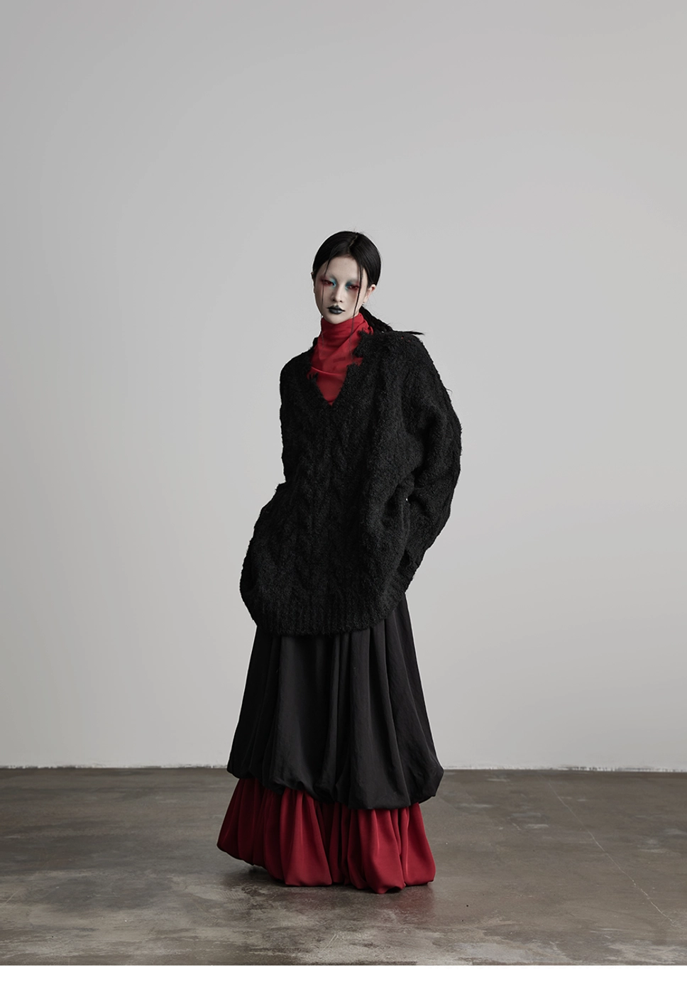 Dark romantic black and wine red patchwork skirt with comfortable gathered waist