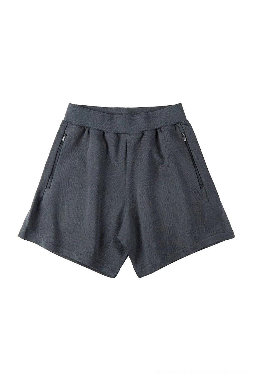 Dark slate gray casual unisex shorts with elastic waistband loose streetwear shape and practical zippered side pockets