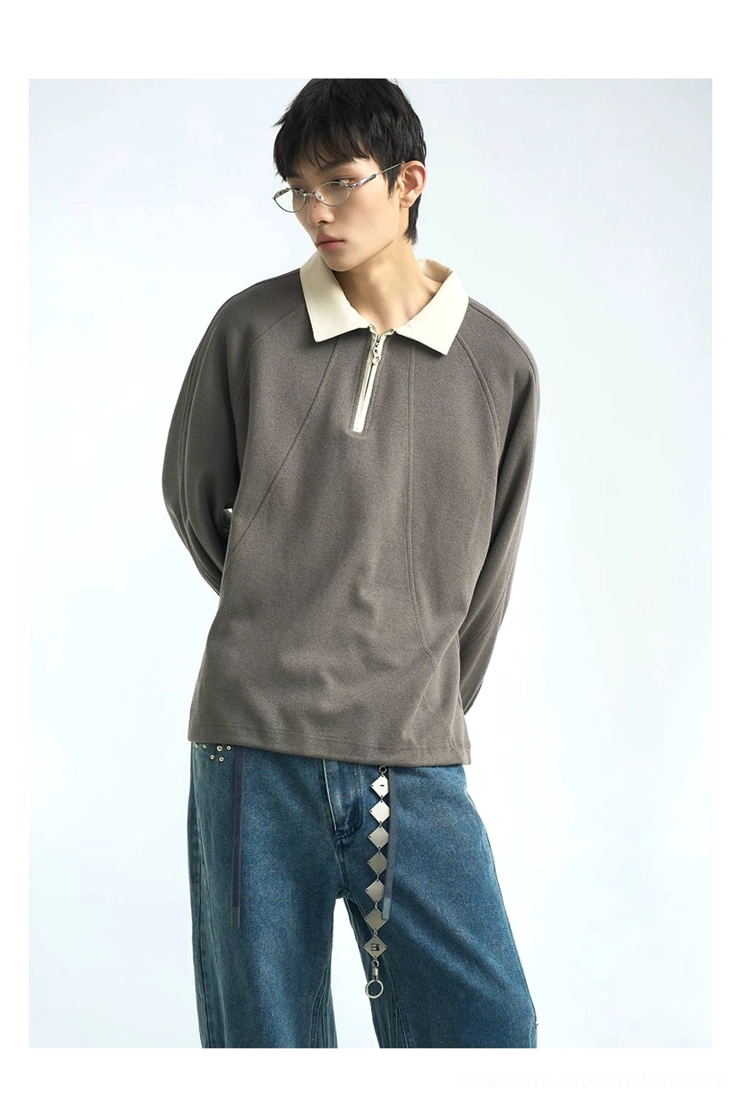 Dark taupe brown relaxed half-zip raglan polo pullover with an off-white contrast collar