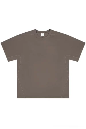 Front flat lay of a dark taupe brown loose-fit heavyweight cotton T-shirt with crew neck dropped shoulders and visible streetwear topstitching