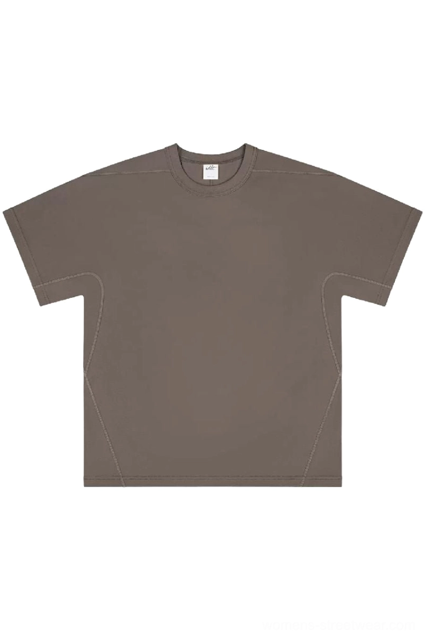 Front flat lay of a dark taupe brown loose-fit heavyweight cotton T-shirt with crew neck dropped shoulders and visible streetwear topstitching