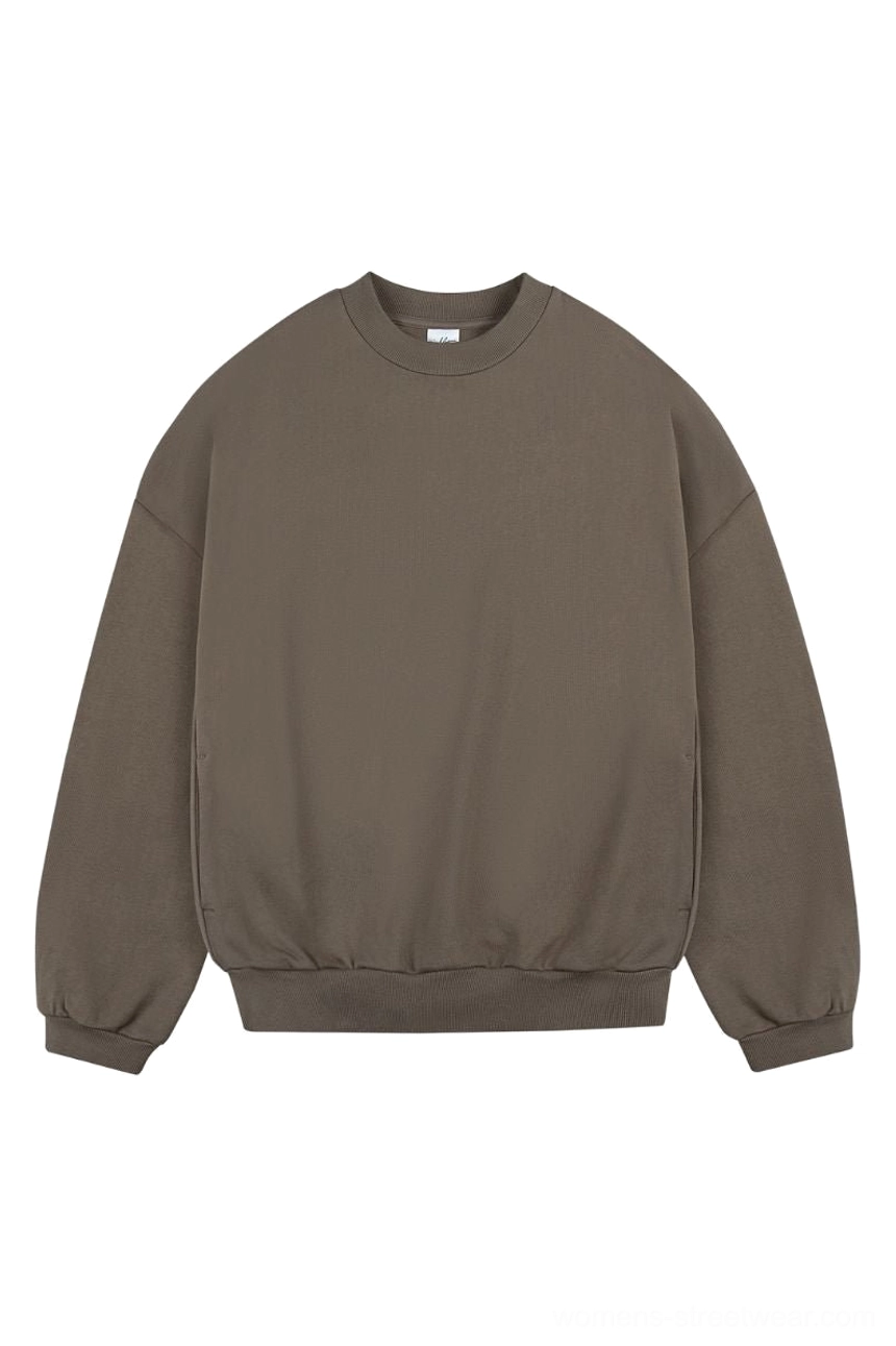 Dark taupe brown loose fit crew neck sweatshirt style polo sweater with ribbed neckline, cuffs, hem, and drop shoulder sleeves