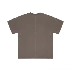 Back flat lay of a dark taupe brown oversized cotton streetwear T-shirt showing the central back seam and relaxed dropped-shoulder silhouette