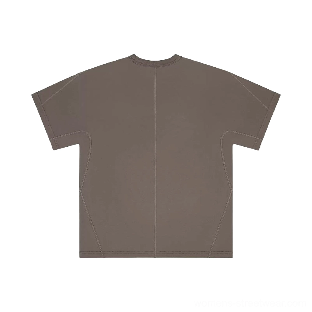 Back flat lay of a dark taupe brown oversized cotton streetwear T-shirt showing the central back seam and relaxed dropped-shoulder silhouette