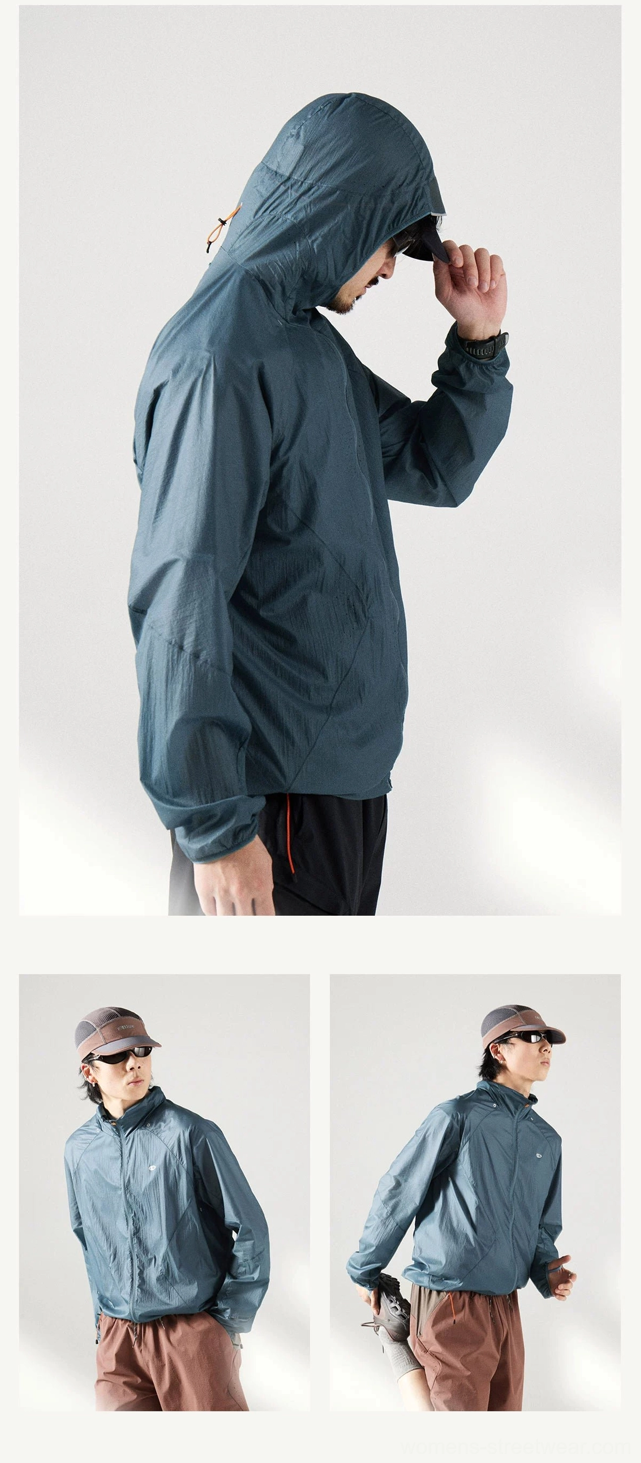 Side and front views of the Dark Teal hooded windbreaker featuring a hidden attached hood, matte finish, and streamlined athletic fit