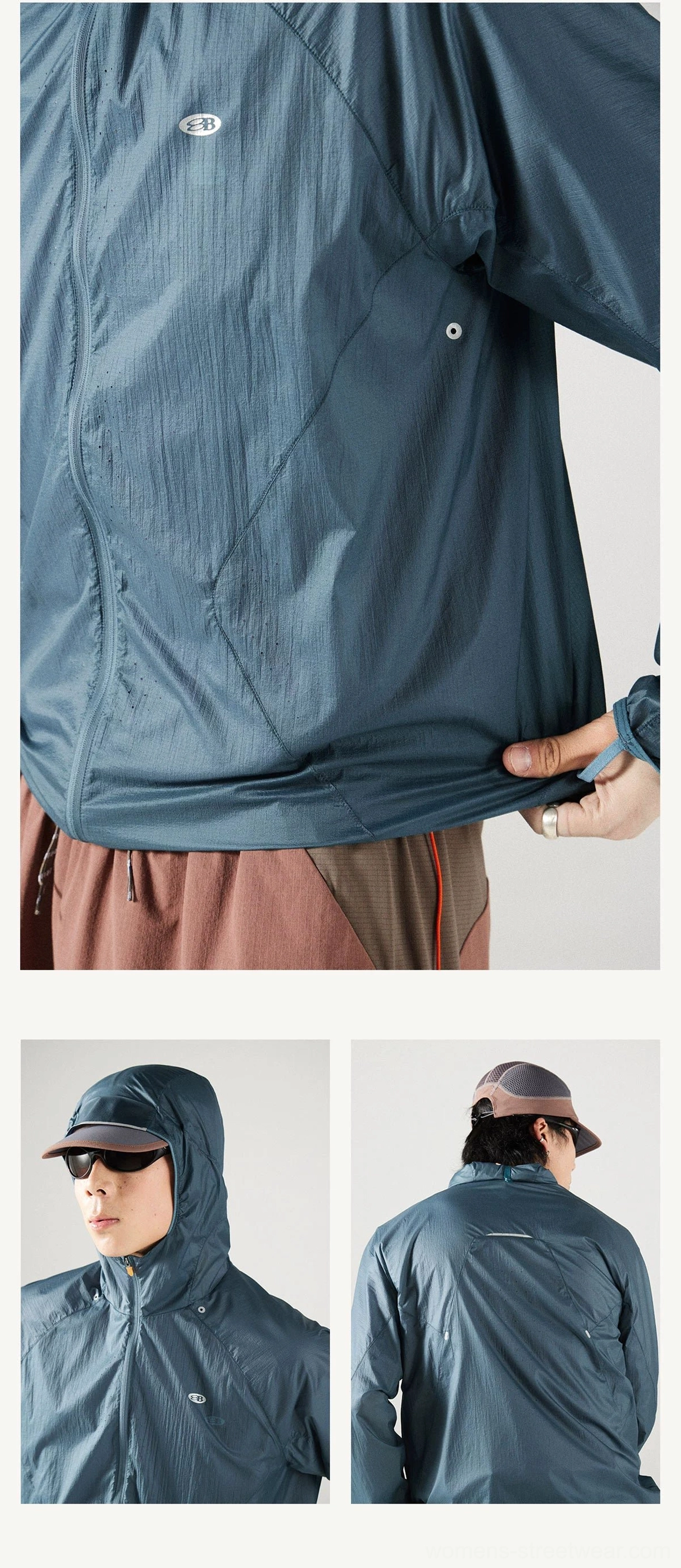 Rear and front detail views of the Dark Teal hooded windbreaker showing reflective rear stripe, side adjustment toggle, and lightweight fabric