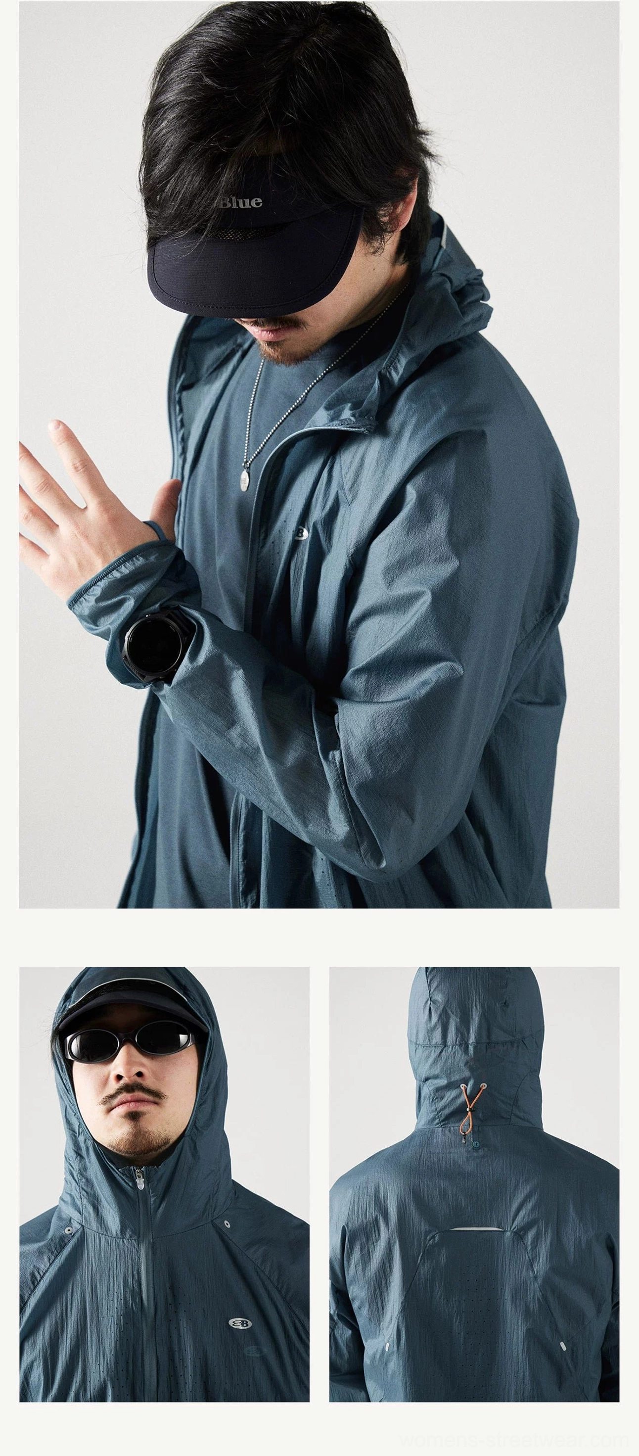 Cuff close-up and hooded headshots of the Dark Teal UV protection jacket with adjustable cuffs and athletic outdoor styling