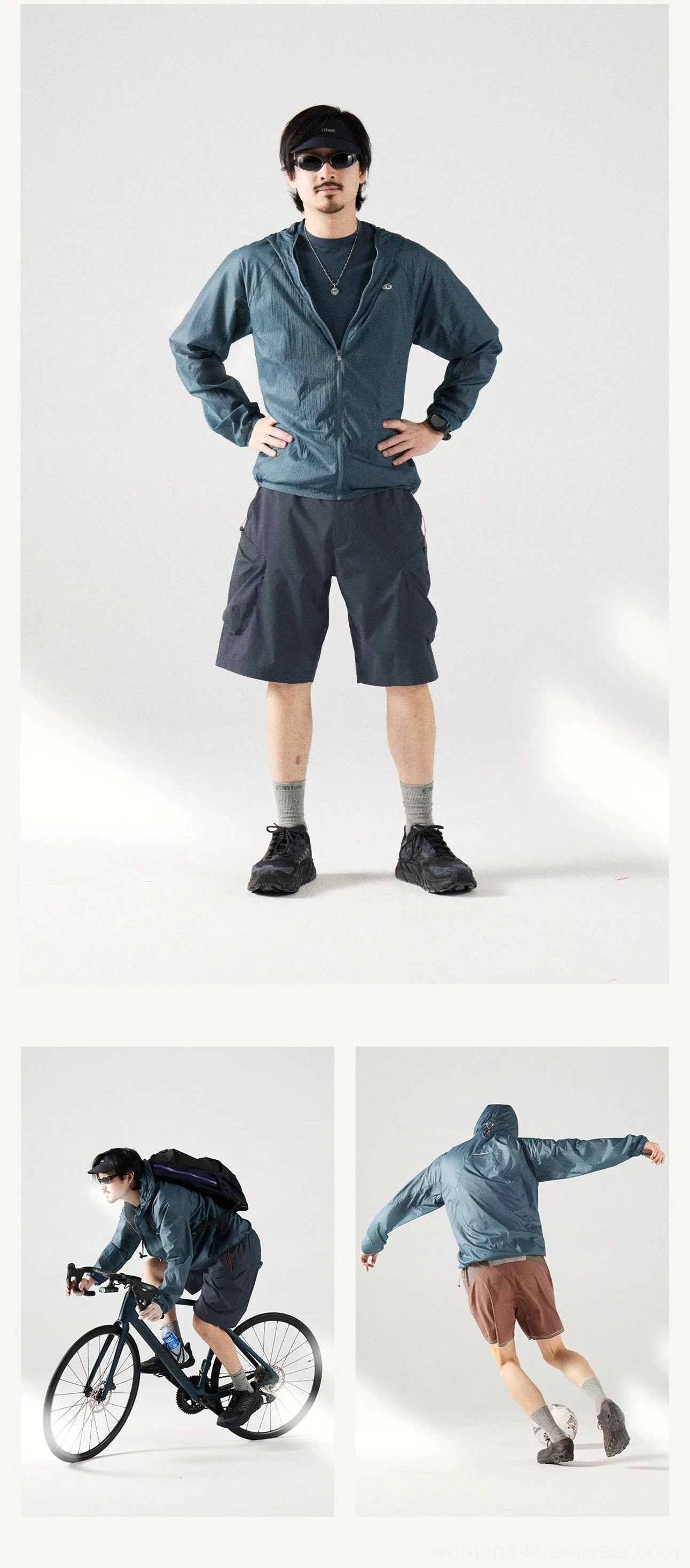 Full-body and outdoor action views of the Dark Teal windproof sun protection jacket worn for cycling and running