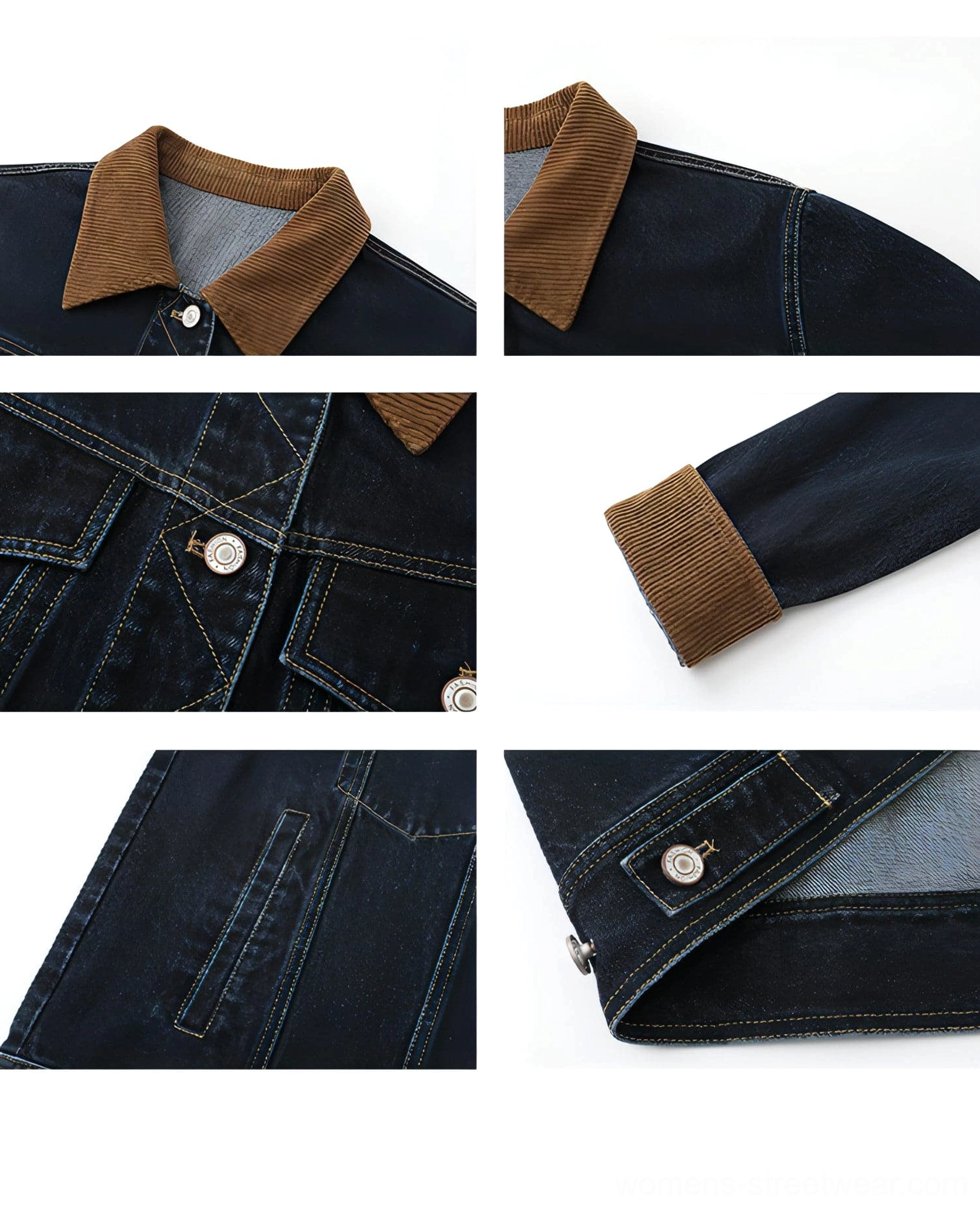 Dark wash corduroy-trim denim jacket with cotton construction, button closure, and versatile everyday streetwear styling