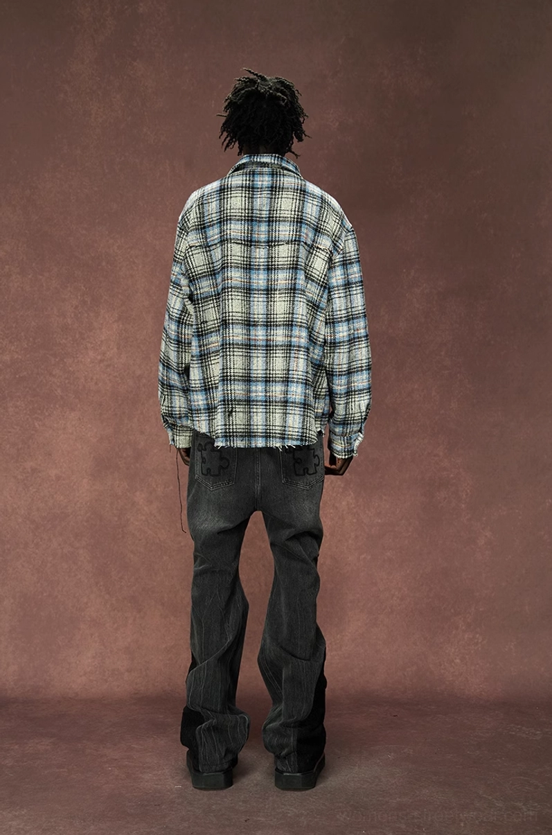 Fashion product view of a deconstructed gray plaid shirt jacket designed for Korean streetwear and casual layering