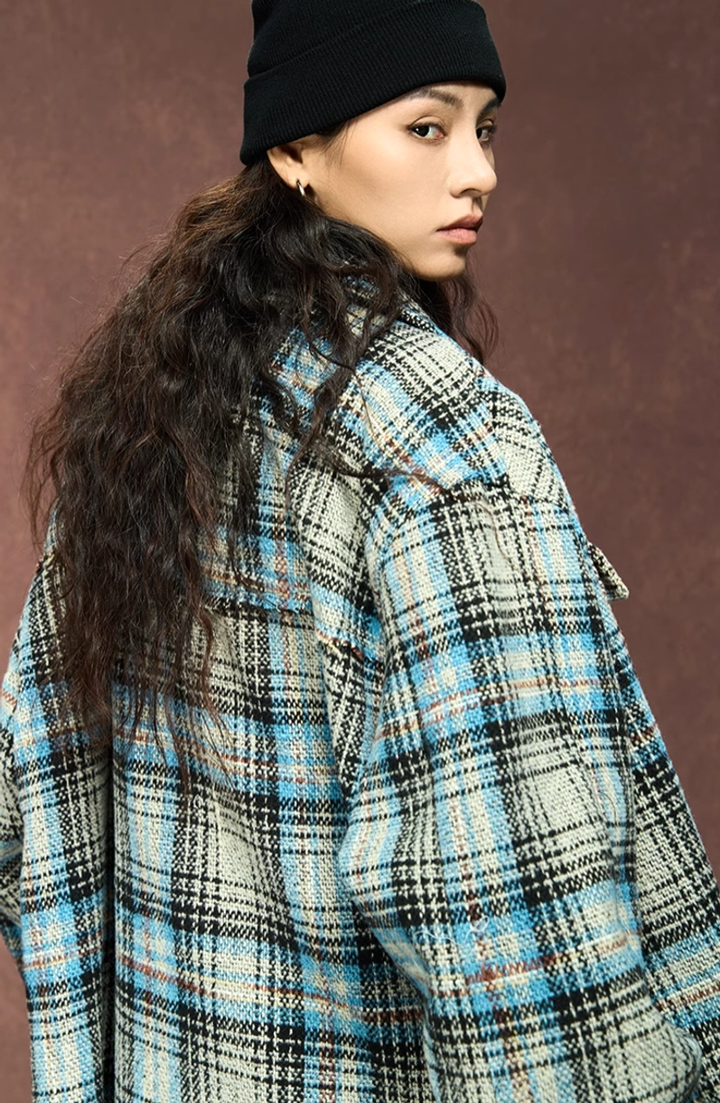 Additional product view of the deconstructed gray plaid zip-up shirt jacket for contemporary streetwear styling