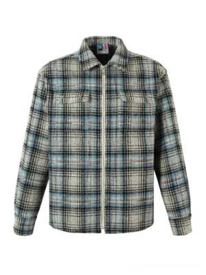 Gray plaid zip-up shirt jacket displayed in a full front view with oversized streetwear fit, dual chest pockets, classic collar, and raw hem