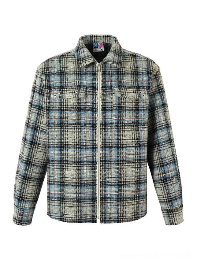 Gray plaid zip-up shirt jacket displayed in a full front view with oversized streetwear fit, dual chest pockets, classic collar, and raw hem