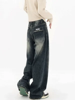 Deep blue high-waisted wide-leg jeans rear three-quarter view with faded vintage denim wash and relaxed streetwear fit