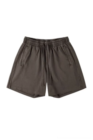 Deep brown washed cotton casual streetwear shorts with loose unisex fit elastic drawstring waistband and side pockets