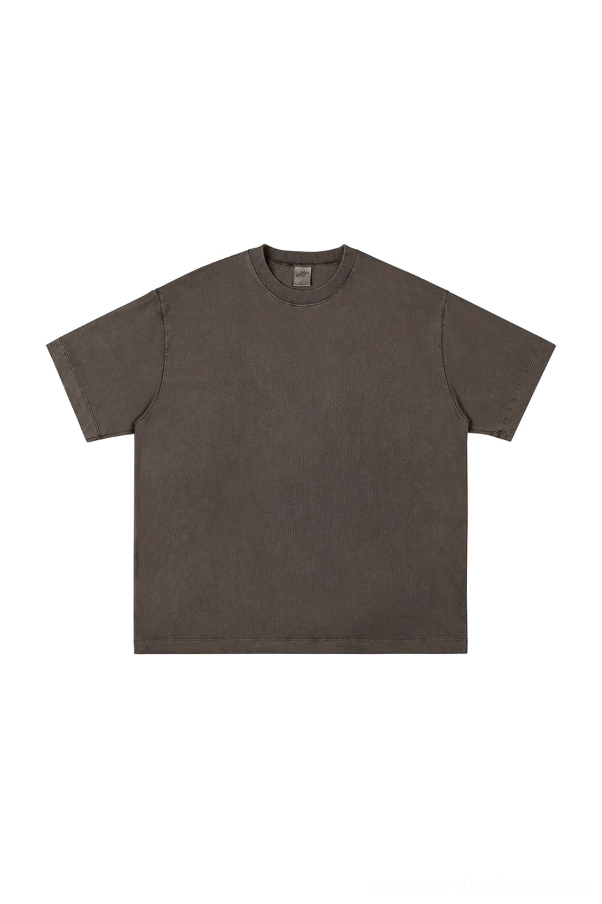 Deep dark brown washed oversized heavyweight cotton T-shirt with plain crewneck design and relaxed fit