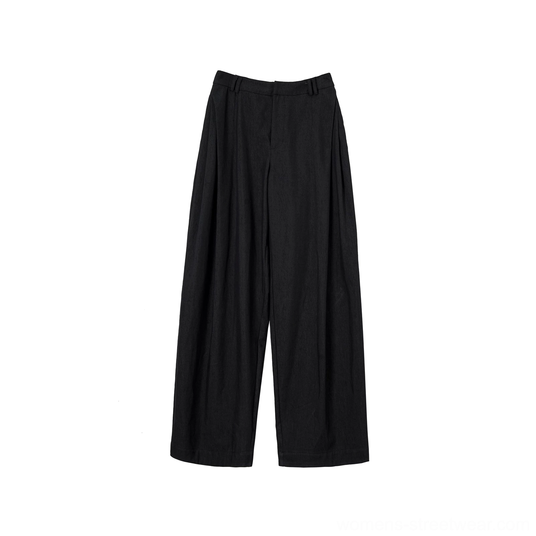 Deep gray pleated wide-leg streetwear suit pants displayed in a flat lay view with visible front pleats, belt loops, straight hem, and clean suiting fabric
