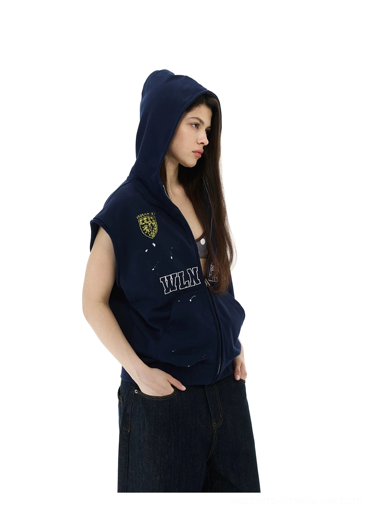 Deep navy sleeveless hooded vest with front zipper, graphic details, and contemporary urban layering design