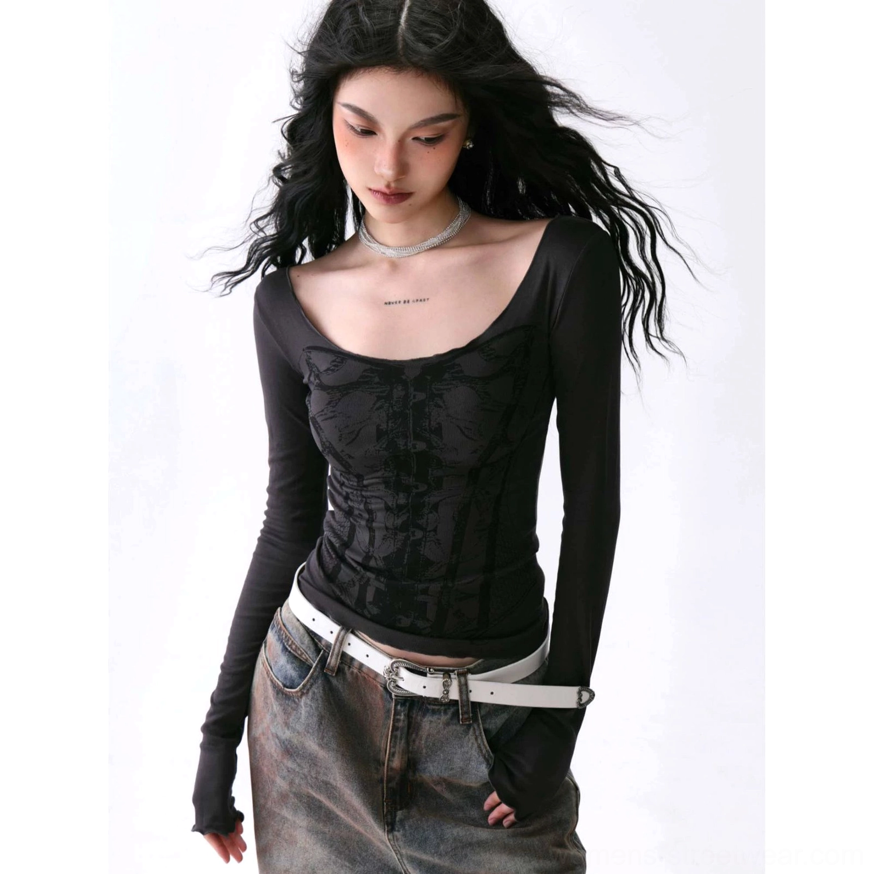 Deep U-neck corset-inspired long sleeve top styled as a modern Korean streetwear wardrobe essential