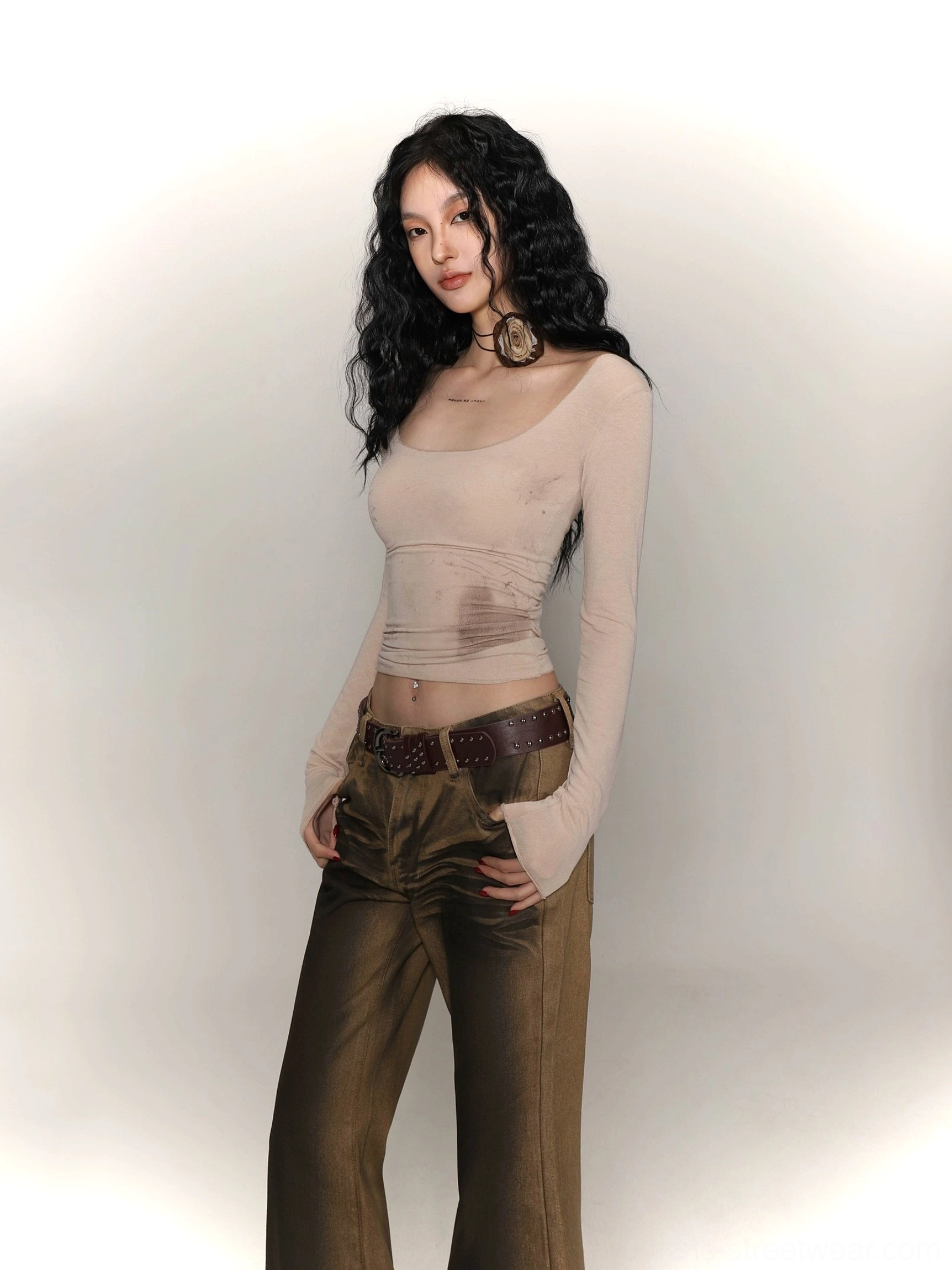 Deep U-neck fitted long sleeve streetwear top designed for layered Seoul fashion outfits