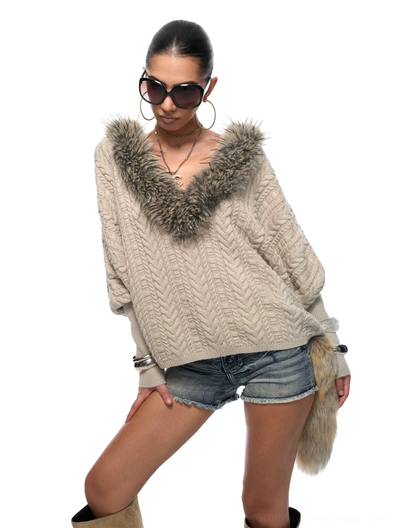 Right front three-quarter view of a deep V-neck faux fur collar sweater with relaxed sleeves and oversized streetwear silhouette