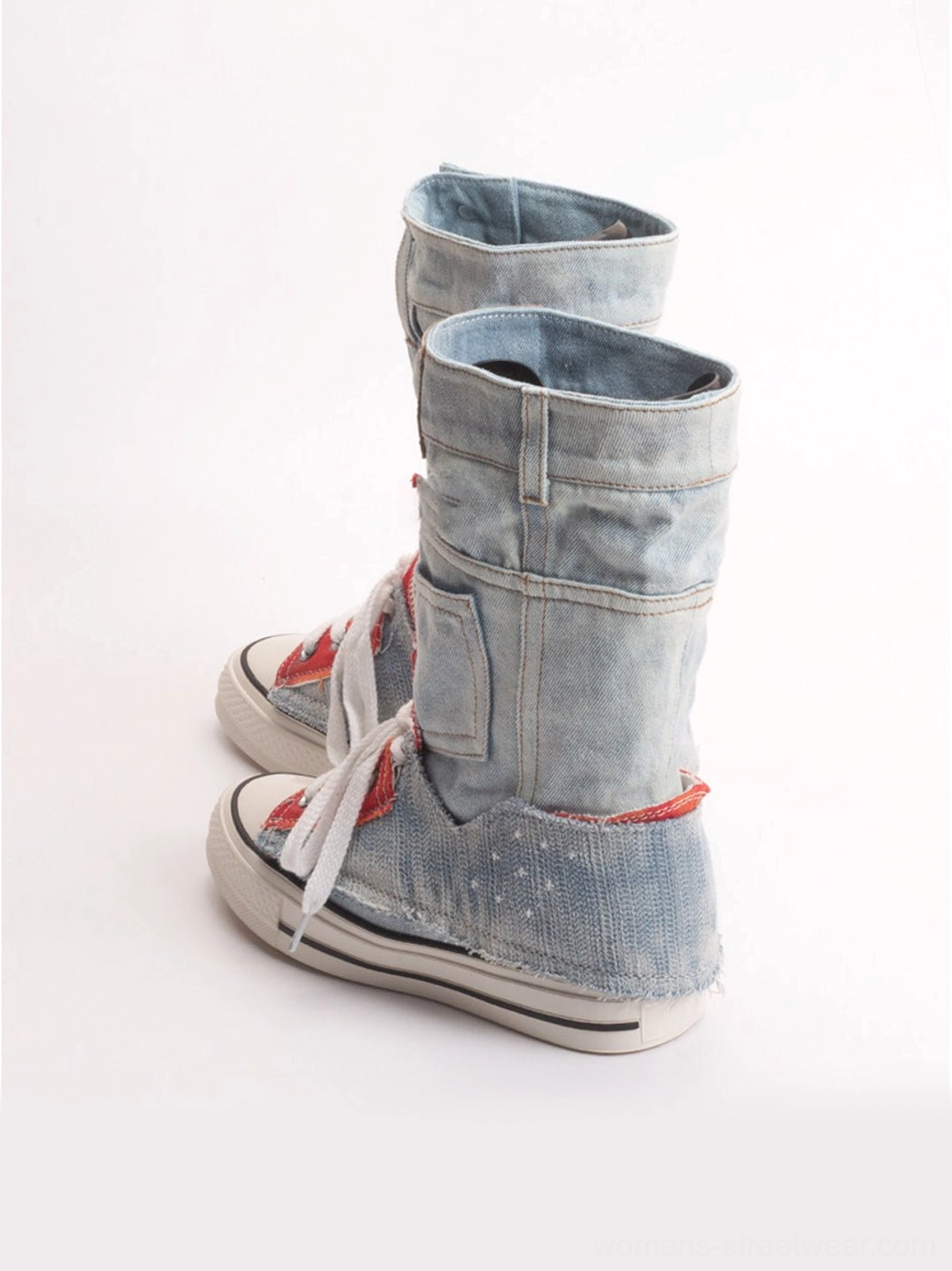 Denim fold-cuff high-top platform sneakers with light blue washed denim upper, red star accents, white laces, and elevated streetwear sole