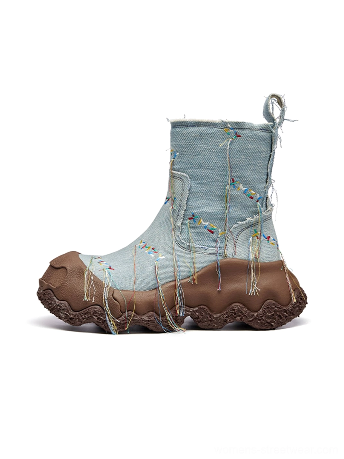 Denim fringe western ankle boots with geometric embroidery shown in left front three-quarter product view