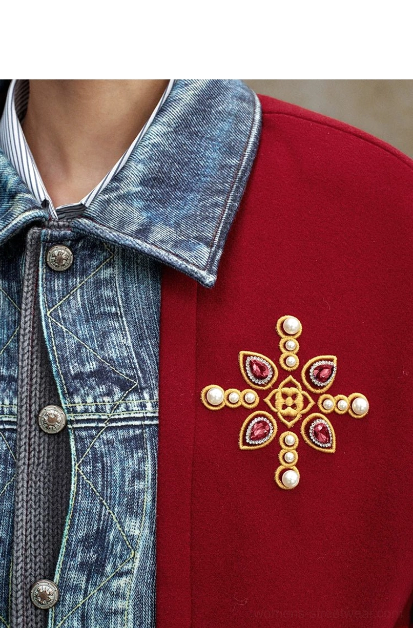 Denim panel embroidered varsity bomber jacket product image featuring relaxed oversized silhouette, contrasting sleeves, and collegiate streetwear details