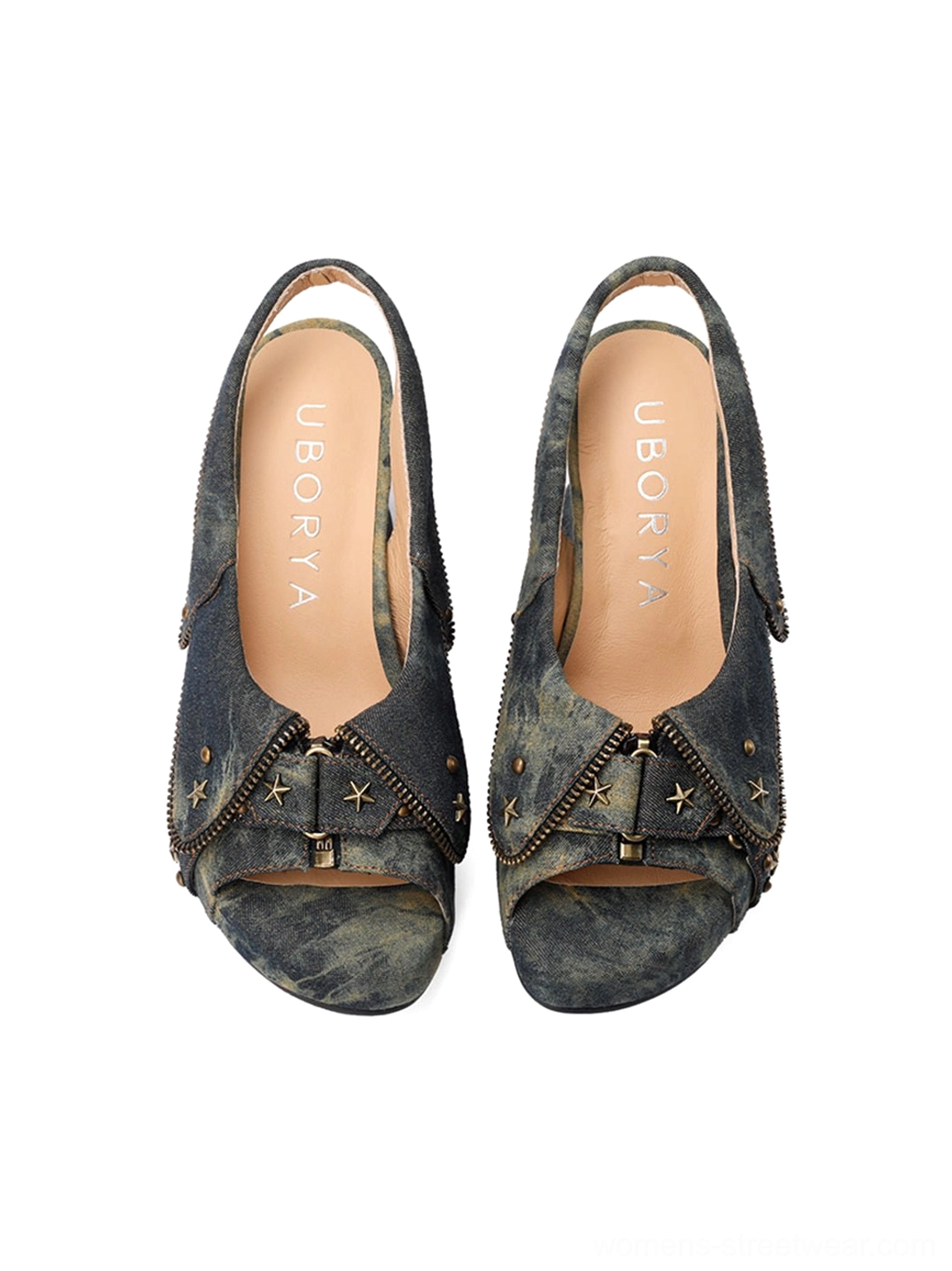 Top view of denim studded western peep-toe slingback heels showing star rivets zipper trim and open toe