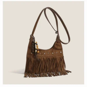 Brown faux suede desert star fringe hobo shoulder bag with silver star studs and beaded pendant front view