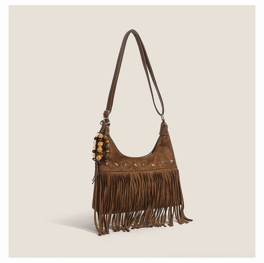Brown desert star fringe hobo shoulder bag with long faux suede tassels beaded pendant and star hardware side view